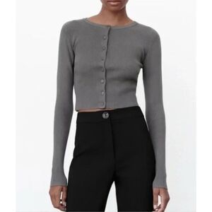 ZARA Ribbed Knit Cropped Cardigan In Gray Size S